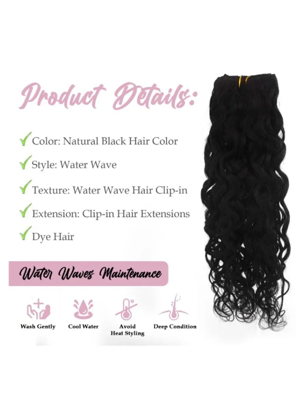Hair Glow LLC 100% Human Hair Water Wave Clip-In Extensions 22” Natural Brown
